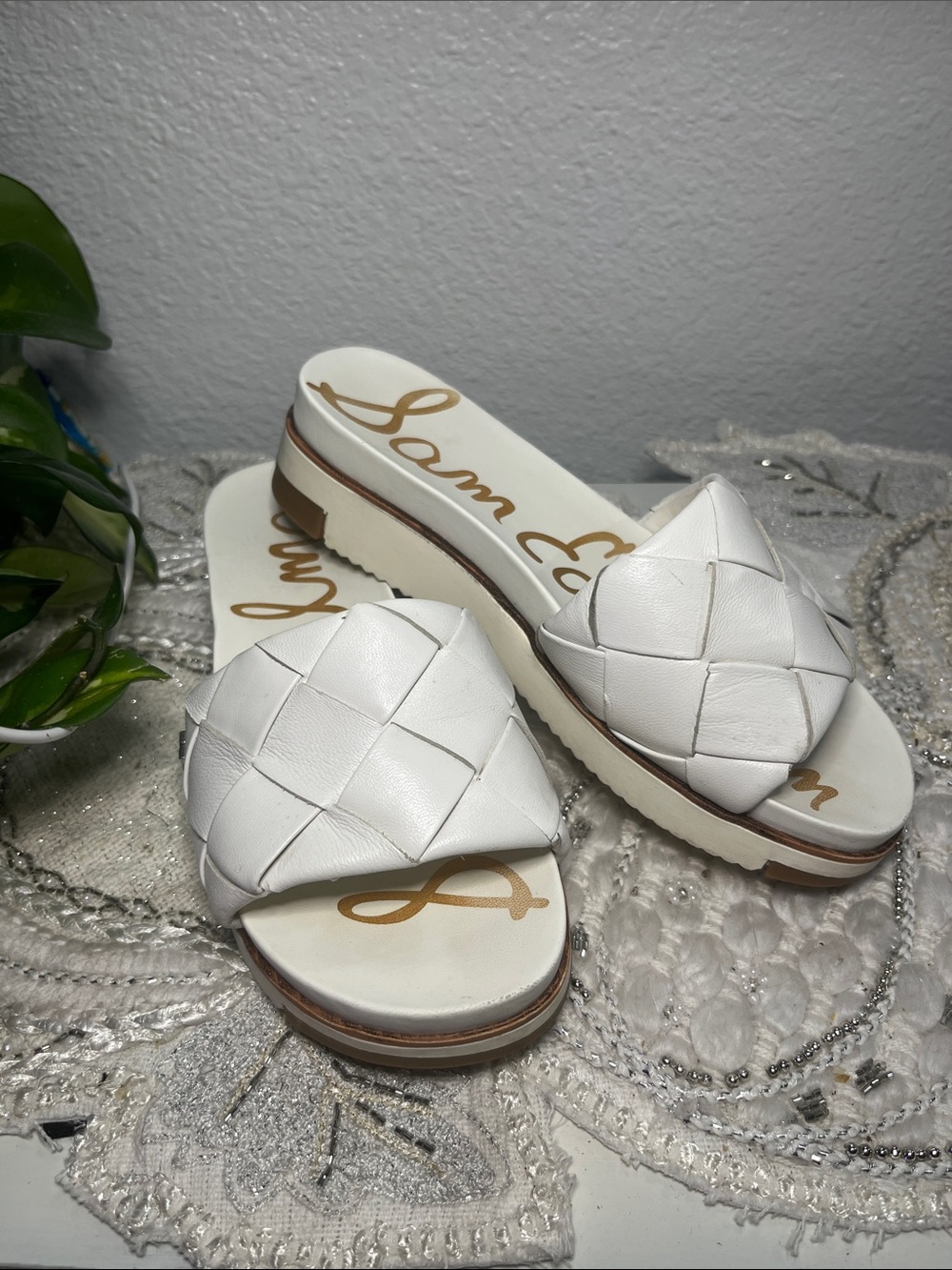 Sam Edelman White Woven Leather Platform Slide Sandals Size 4M - Picture 2 of 12